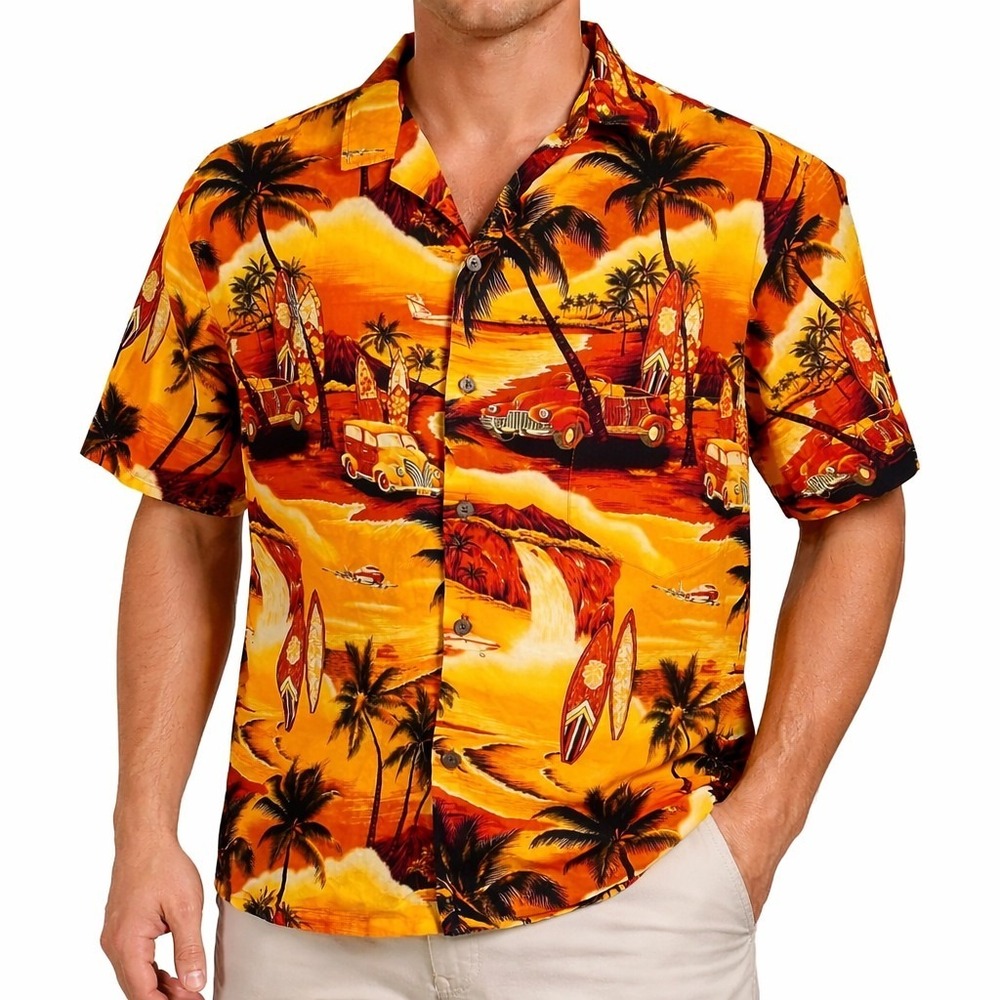 Royal‎ Hawaiian Creations Aloha Shirt 2XL Woody Cars Waterfall Surfboards Sunset